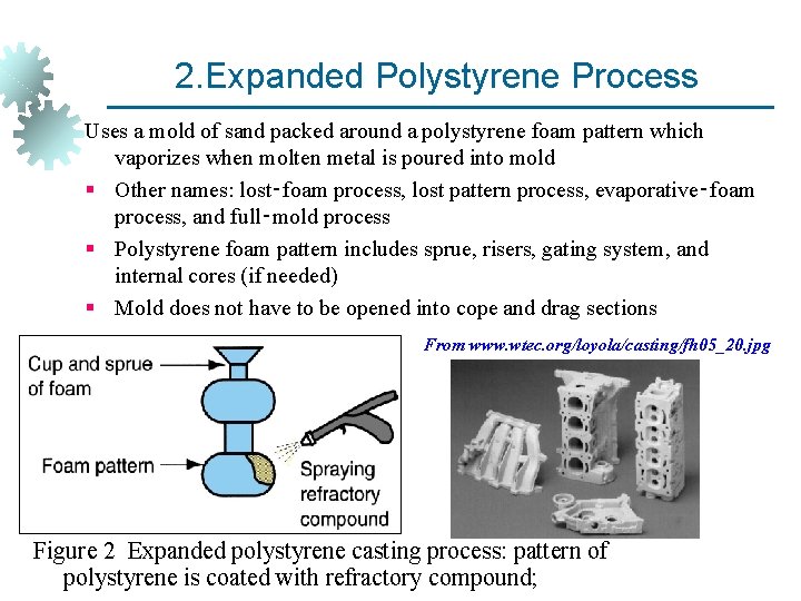 2. Expanded Polystyrene Process Uses a mold of sand packed around a polystyrene foam