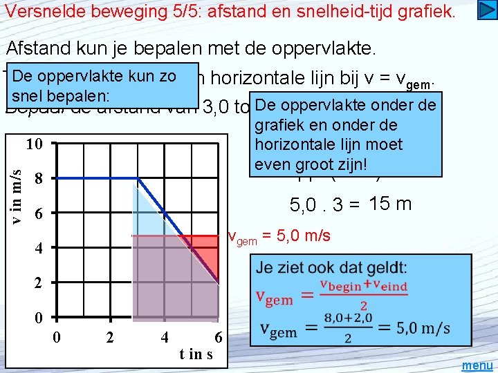 Versnelde beweging 5/5: afstand en snelheid-tijd grafiek. Afstand kun je bepalen met de oppervlakte.