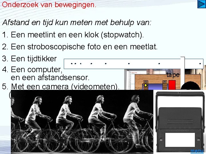 Onderzoek van bewegingen. Afstand en tijd kun meten met behulp van: 1. Een meetlint