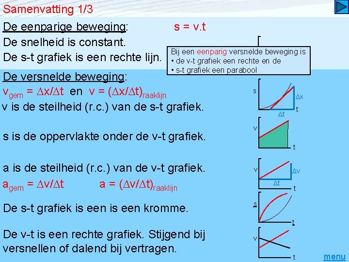 Samenvatting 1/3 De eenparige beweging: De snelheid is constant. De s-t grafiek is een