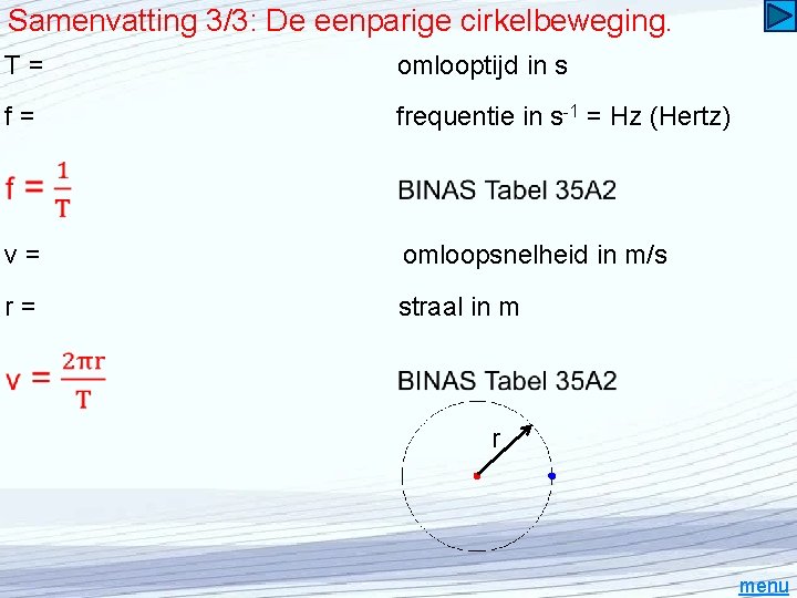 Samenvatting 3/3: De eenparige cirkelbeweging. T= omlooptijd in s f= frequentie in s-1 =