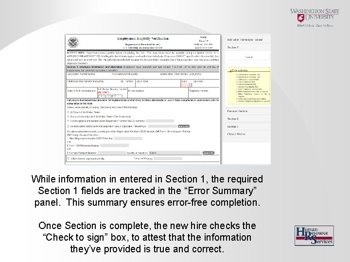 While information in entered in Section 1, the required Section 1 fields are tracked