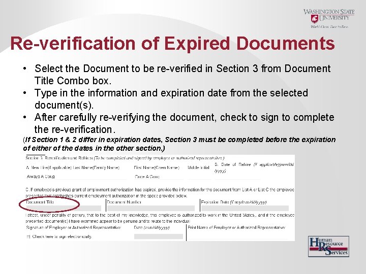 Re-verification of Expired Documents • Select the Document to be re-verified in Section 3