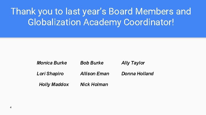 Thank you to last year’s Board Members and Globalization Academy Coordinator! Monica Burke Bob