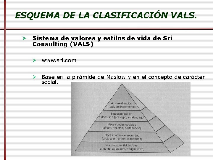 ESQUEMA DE LA CLASIFICACIÓN VALS. Ø Sistema de valores y estilos de vida de