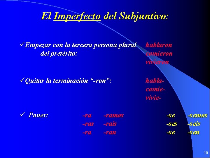 El Imperfecto del Subjuntivo: üEmpezar con la tercera persona plural del pretérito: hablaron comieron