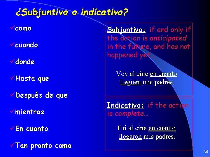 ¿Subjuntivo o indicativo? ücomo ücuando üdonde üHasta que Subjuntivo: if and only if the