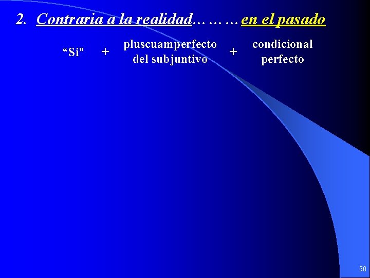 2. Contraria a la realidad………en el pasado “Si” + pluscuamperfecto del subjuntivo + condicional