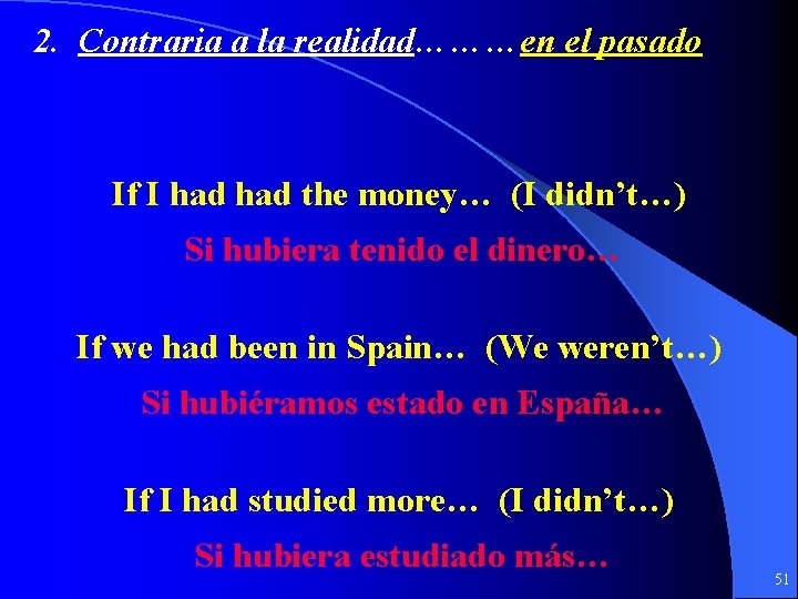 2. Contraria a la realidad………en el pasado If I had the money… (I didn’t…)