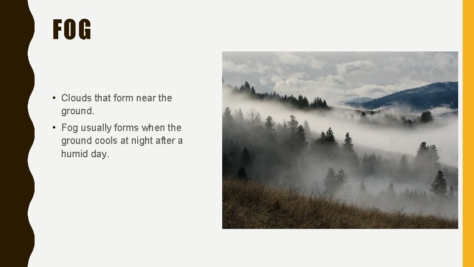 FOG • Clouds that form near the ground. • Fog usually forms when the