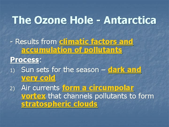 The Ozone Hole - Antarctica - Results from climatic factors and accumulation of pollutants