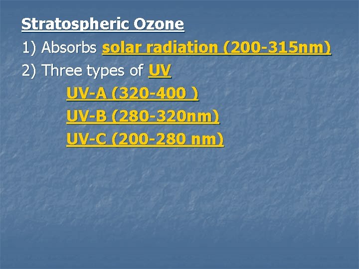Atmospheric Chemistry Stratospheric Ozone 1 Absorbs solar radiation