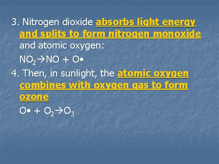 3. Nitrogen dioxide absorbs light energy and splits to form nitrogen monoxide and atomic