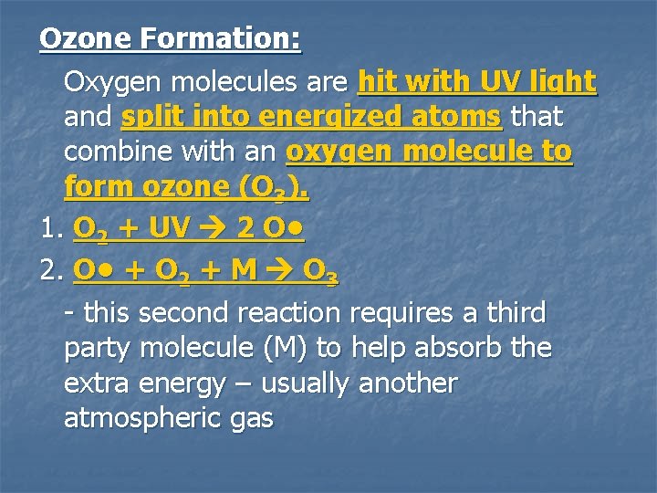 Ozone Formation: Oxygen molecules are hit with UV light and split into energized atoms