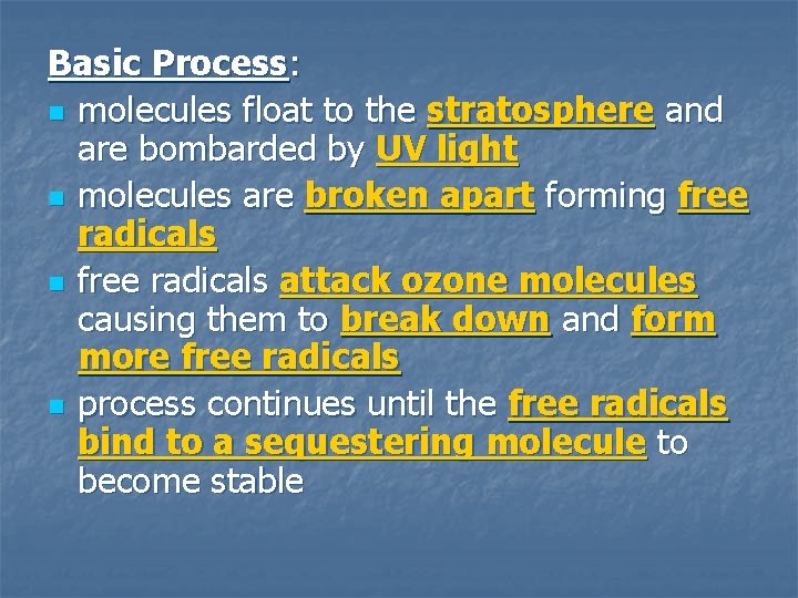 Basic Process: n molecules float to the stratosphere and are bombarded by UV light
