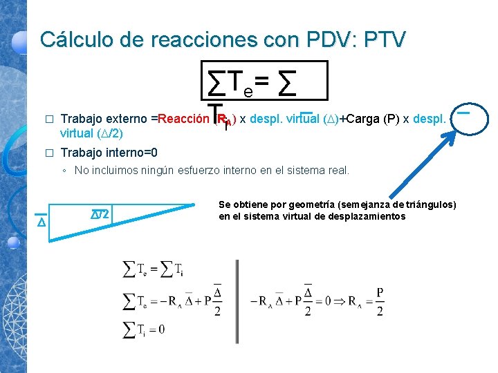 Cálculo de reacciones con PDV: PTV � ∑Te= ∑ Trabajo externo =Reacción. T (R