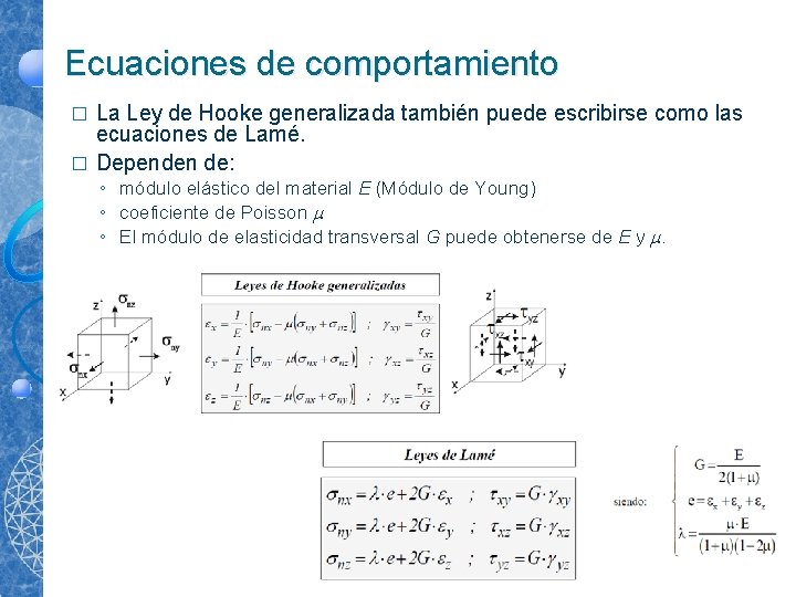 Ecuaciones de comportamiento La Ley de Hooke generalizada también puede escribirse como las ecuaciones