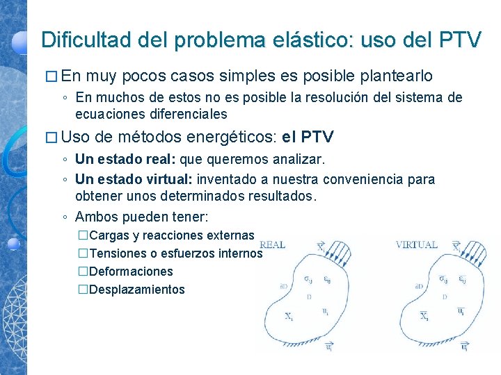 Dificultad del problema elástico: uso del PTV � En muy pocos casos simples es