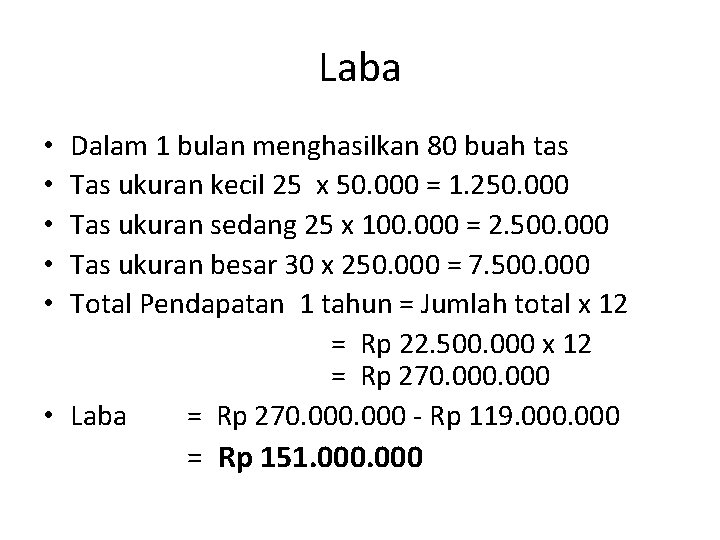 Laba Dalam 1 bulan menghasilkan 80 buah tas Tas ukuran kecil 25 x 50.