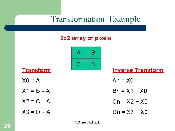 Transformation Example 2 x 2 array of pixels Transform 29 A B C D