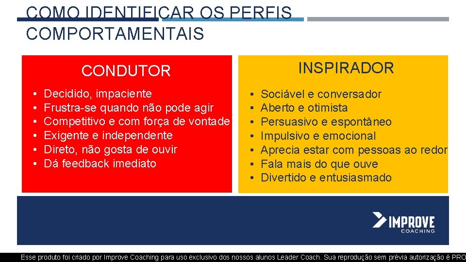 COMO IDENTIFICAR OS PERFIS COMPORTAMENTAIS INSPIRADOR CONDUTOR • • • Decidido, impaciente Frustra-se quando