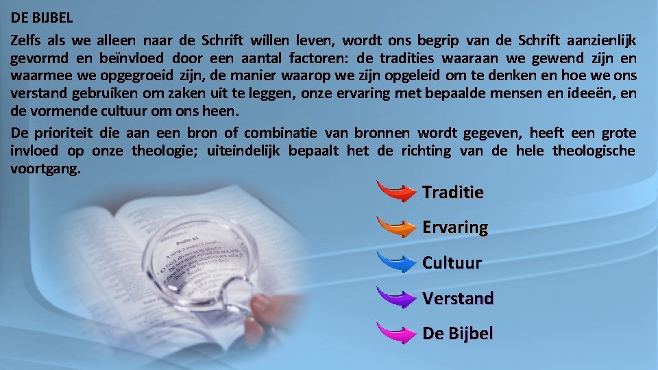 DE BIJBEL Zelfs als we alleen naar de Schrift willen leven, wordt ons begrip