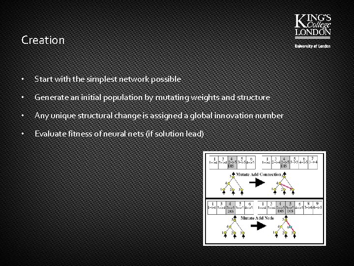 Creation • Start with the simplest network possible • Generate an initial population by