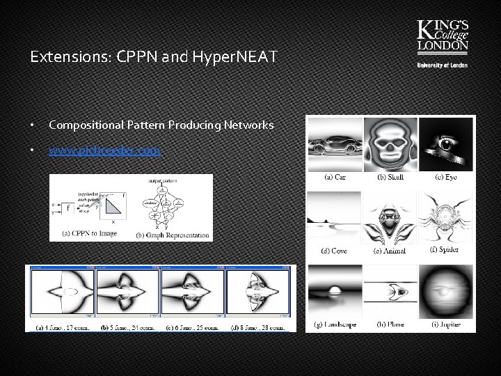 Extensions: CPPN and Hyper. NEAT • Compositional Pattern Producing Networks • www. picbreeder. com