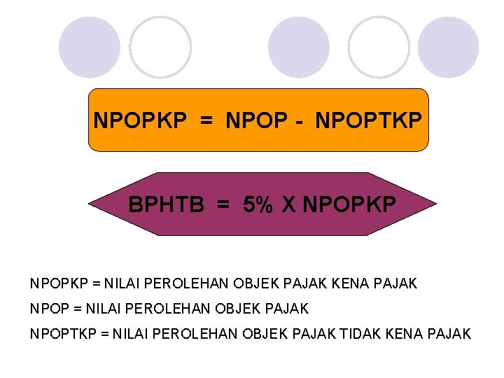 NPOPKP = NPOP - NPOPTKP BPHTB = 5% X NPOPKP = NILAI PEROLEHAN OBJEK