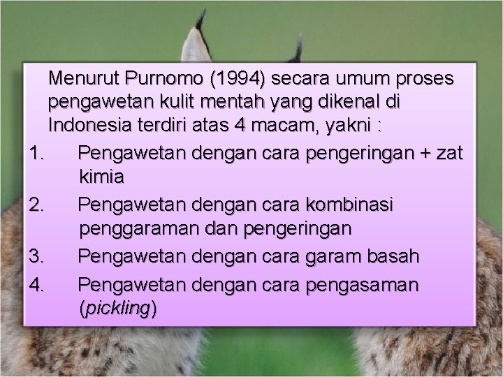 Menurut Purnomo (1994) secara umum proses pengawetan kulit mentah yang dikenal di Indonesia terdiri