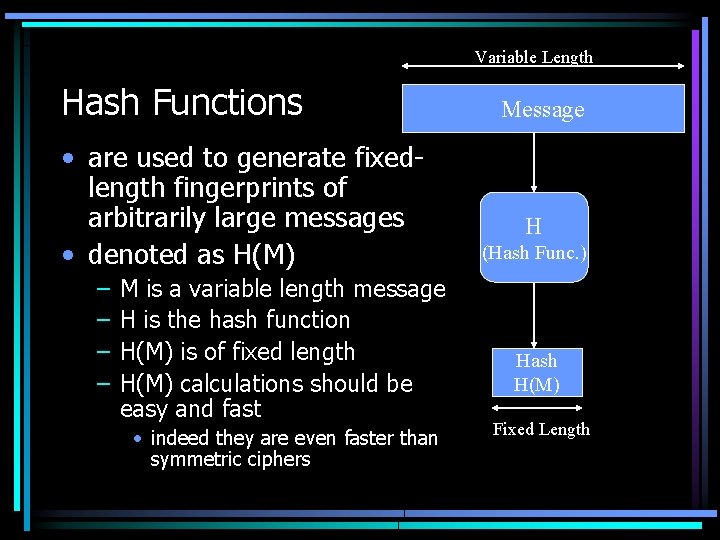 Variable Length Hash Functions • are used to generate fixedlength fingerprints of arbitrarily large