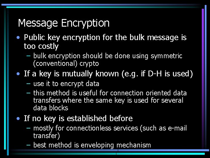 Message Encryption • Public key encryption for the bulk message is too costly –
