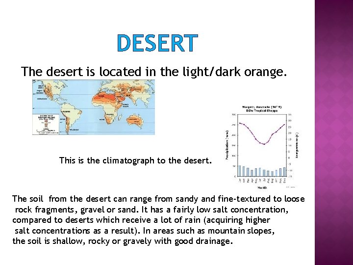 DESERT The desert is located in the light/dark orange. This is the climatograph to