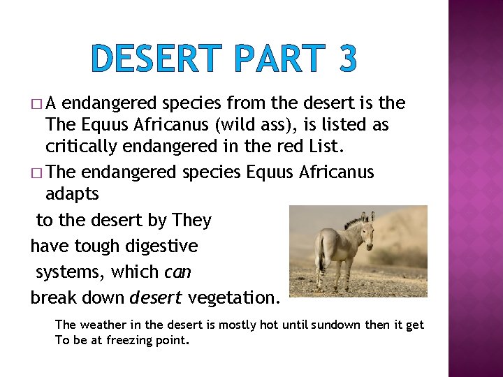 DESERT PART 3 �A endangered species from the desert is the The Equus Africanus