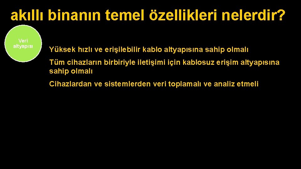 akıllı binanın temel özellikleri nelerdir? Veri altyapısı Yüksek hızlı ve erişilebilir kablo altyapısına sahip