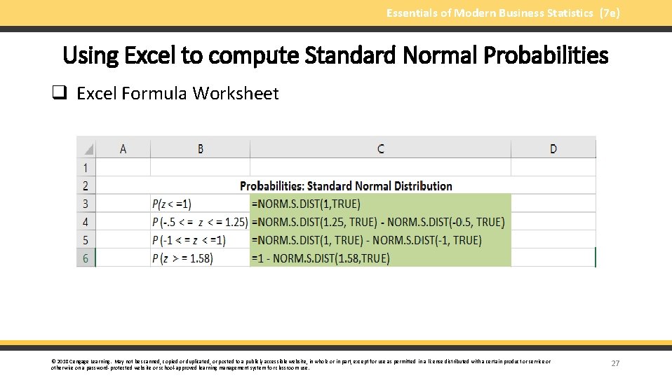 Essentials of Modern Business Statistics (7 e) Using Excel to compute Standard Normal Probabilities
