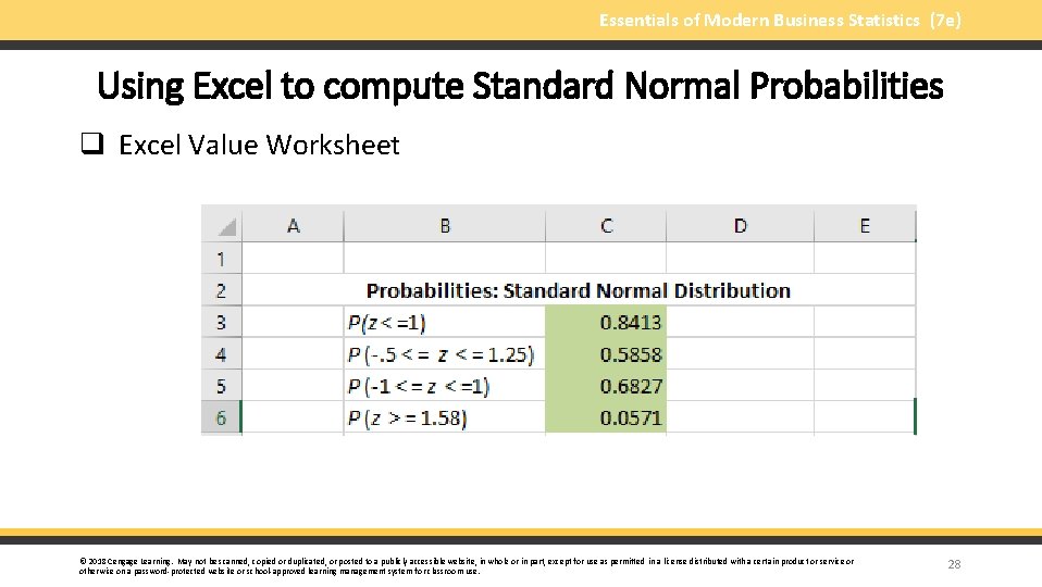 Essentials of Modern Business Statistics (7 e) Using Excel to compute Standard Normal Probabilities