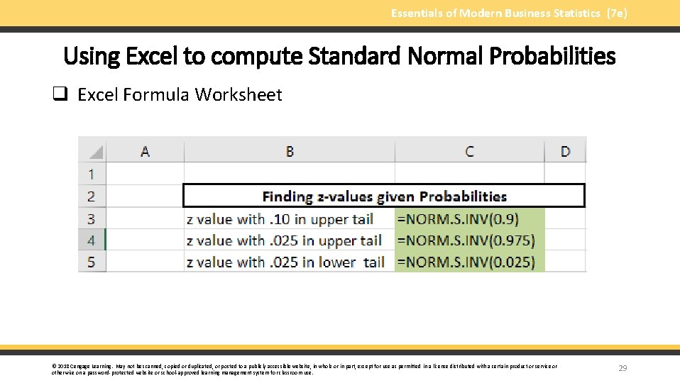 Essentials of Modern Business Statistics (7 e) Using Excel to compute Standard Normal Probabilities