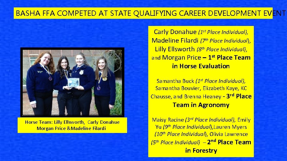 BASHA FFA COMPETED AT STATE QUALIFYING CAREER DEVELOPMENT EVENT Carly Donahue (1 st Place