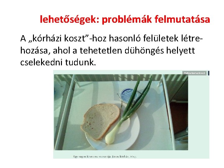 lehetőségek: problémák felmutatása A „kórházi koszt”-hoz hasonló felületek létrehozása, ahol a tehetetlen dühöngés helyett lehetőségek: problémák felmutatása A „kórházi koszt”-hoz hasonló felületek létrehozása, ahol a tehetetlen dühöngés helyett