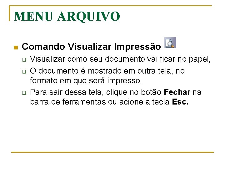 MENU ARQUIVO n Comando Visualizar Impressão q q q Visualizar como seu documento vai