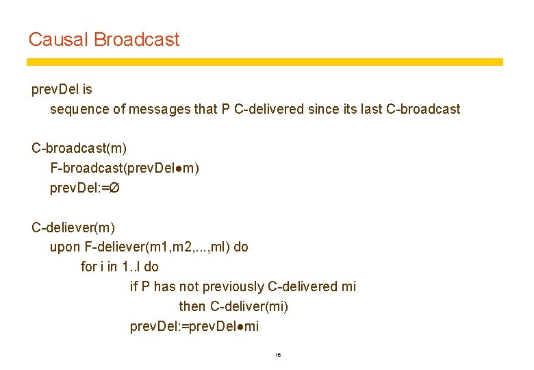 Causal Broadcast prev. Del is sequence of messages that P C-delivered since its last