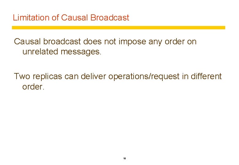 Limitation of Causal Broadcast Causal broadcast does not impose any order on unrelated messages.