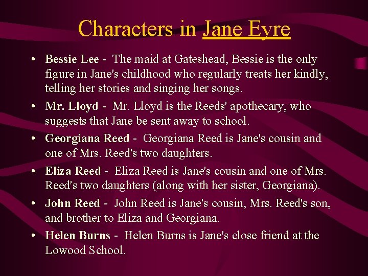 Characters in Jane Eyre • Bessie Lee - The maid at Gateshead, Bessie is