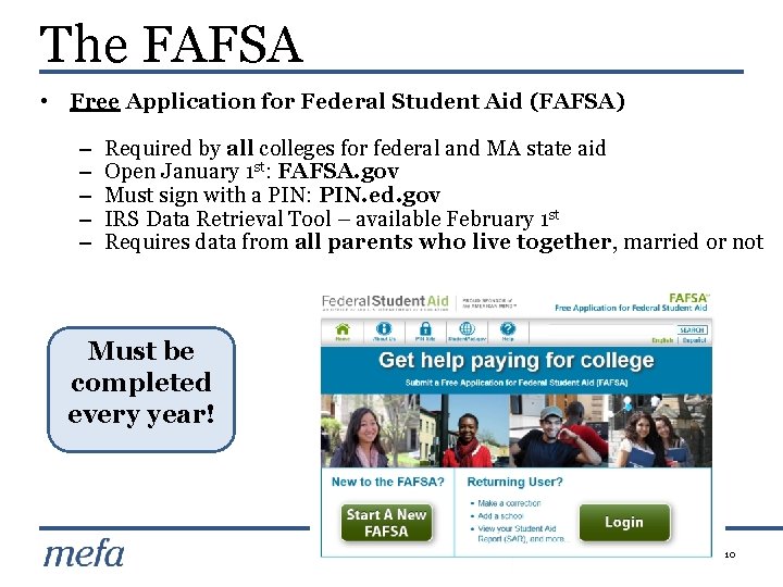 The FAFSA • Free Application for Federal Student Aid (FAFSA) – – – Required