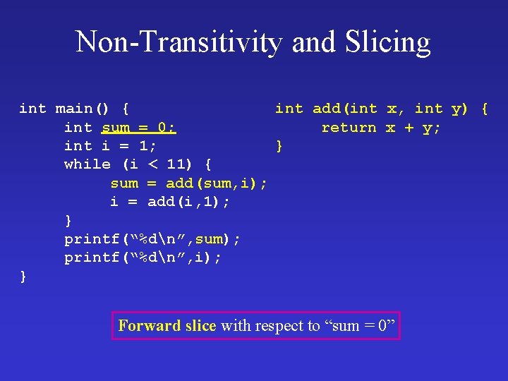 Non-Transitivity and Slicing int main() { int add(int x, int y) { int sum