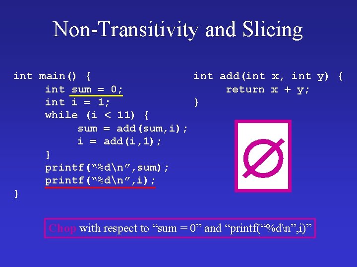 Non-Transitivity and Slicing int main() { int add(int x, int y) { int sum