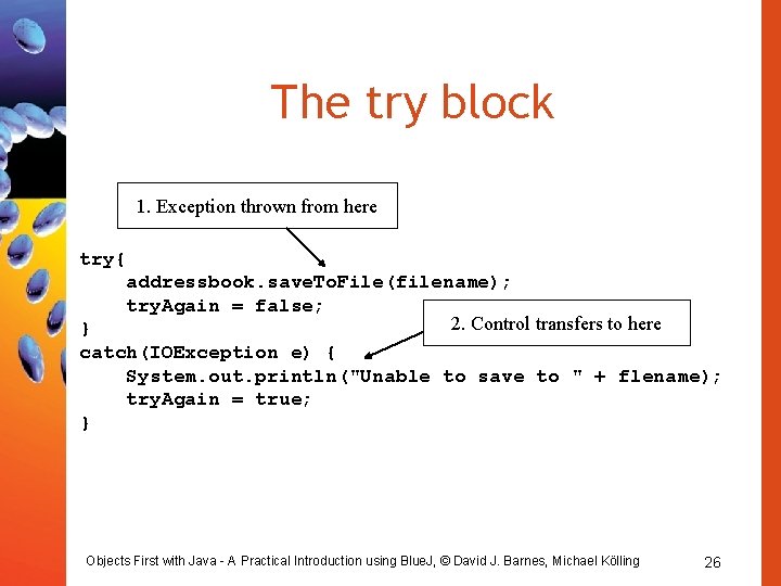 The try block 1. Exception thrown from here try{ addressbook. save. To. File(filename); try.