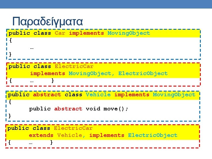 Παραδείγματα public class Car implements Moving. Object { … } public class Electric. Car