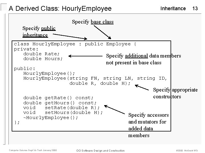 A Derived Class: Hourly. Employee Inheritance 13 Specify base class Specify public inheritance class